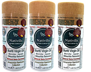 Nativilis Amazonian Buriti Oil (Mauritia flexuosa) Moriche – Aguaje – Richest source Beta-Carotene Vitamin A 20X More than Carrots – emollient rebuild moisturize re-hydrate skin cells - Copaiba