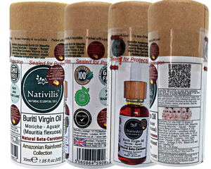 Nativilis Amazonian Buriti Oil (Mauritia flexuosa) Moriche – Aguaje – Richest source Beta-Carotene Vitamin A 20X More than Carrots – emollient rebuild moisturize re-hydrate skin cells - Copaiba