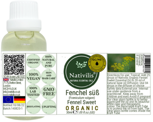 Nativilis Organic Fennel Sweet Essential Oil (Foeniculum vulgare) - 100% Natural - 30ml - (GC/MS Tested)
