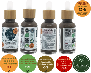 Nativilis URSOLIC ACID enriched with 04 Amazonian Rainforest Bio Oil - ANDIROBA BACURI PRACAXI TUCUMA - Relief skin injuries aesthetic processes peelings laser hair removals Soothing effect Copaiba