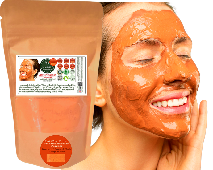 Nativilis Red Clay Kaolin Montmorillonite Powder - Natural Facial Hair Body Mask Mitigate redness removes dead skin cells blackheads cleanser for acne-prone, oily, and problem skin - Copaiba