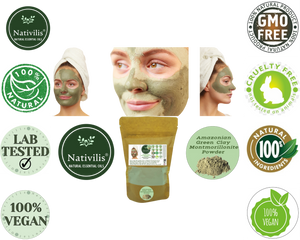 Nativilis Amazonian Green Montmorillonite Powder Clay - Natural Facial Hair Body Mask – oily and acne-prone skin restoring balance skin PH levels – Best known most used - Copaiba benefits