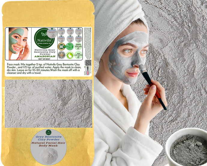 Nativilis Gray (Grey) Bentonite Clay Powder - Natural Facial Hair Body Mask Fine Soft Texture Removing Toxins from the Body Detoxifying Skin Hydrates the Hair and Scalp Copaiba