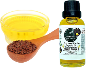 Nativilis Organic Flaxseed Carrier Oil (Linum usitatissimum) - linseed oil - Hair, Face & Skin - Natural Cold Pressed - High in Omega-3 - Improves Skin Smoothness – Moisturizes Dry Skin - Copaiba