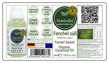 Load image into Gallery viewer, Nativilis Organic Fennel Sweet Essential Oil (Foeniculum vulgare) - 100% Natural - 30ml - (GC/MS Tested)
