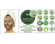 Load image into Gallery viewer, Nativilis Amazonian Green Montmorillonite Powder Clay - Natural Facial Hair Body Mask – oily and acne-prone skin restoring balance skin PH levels – Best known most used - Copaiba benefits
