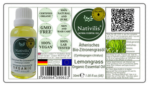 Nativilis Organic Lemongrass Essential Oil (Cymbopogon citratus) - 100% Natural - 30ml - (GC/MS Tested)