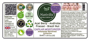 Nativilis CAPILAR MOISTURIZER enriched with 04 Amazonian Rainforest Virgin Oil ACAI BERRY ANDIROBA PRACAXI BRAZIL NUT - Complex emollient restructuring hair fibres strengthens roots dry hair – Copaiba