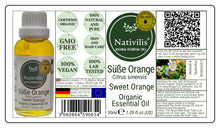 Load image into Gallery viewer, Nativilis Organic Sweet Orange Essential Oil (Citrus sinensis) - 100% Natural - 30ml - (GC/MS Tested)
